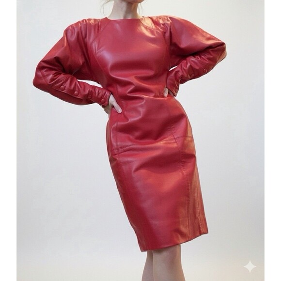 Vintage 80s 90s Red Leather Pencil Dress Mod Wife Rock Grunge Holiday Party XS - Picture 1 of 16